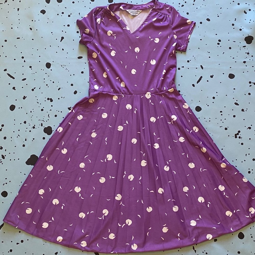 Vintage Short Sleeve Purple Pleated Dress L